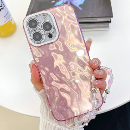 For iPhone 16 Plating Glitter Texture Chain Wristband TPU Phone Case with Lens Film(Pink Wrinkles) - iPhone 16 Cases by buy2fix | Online Shopping UK | buy2fix