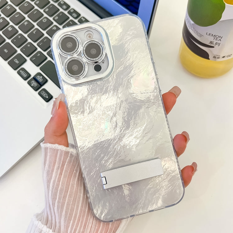 For iPhone 16 Pro Max Plating Glitter Texture Fold Holder TPU Phone Case with Lens Film(White Tinfoil Texture) - iPhone 16 Pro Max Cases by buy2fix | Online Shopping UK | buy2fix