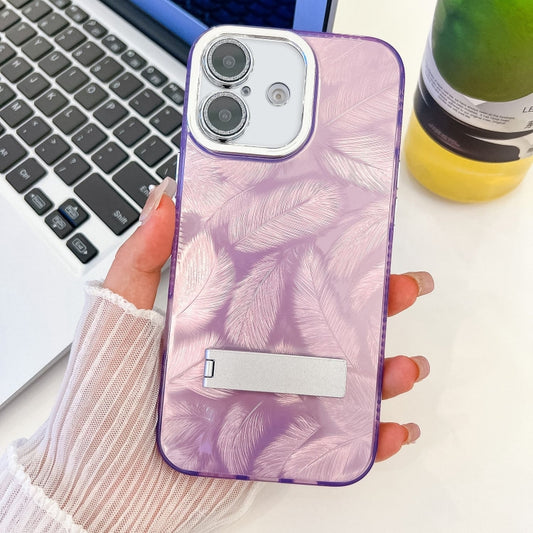 For iPhone 16 Plus Plating Glitter Texture Fold Holder TPU Phone Case with Lens Film(Purple Feathers) - iPhone 16 Plus Cases by buy2fix | Online Shopping UK | buy2fix