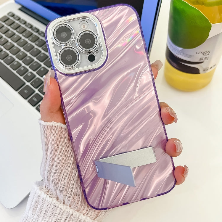 For iPhone 16 Plating Glitter Texture Fold Holder TPU Phone Case with Lens Film(White Tinfoil Texture) - iPhone 16 Cases by buy2fix | Online Shopping UK | buy2fix