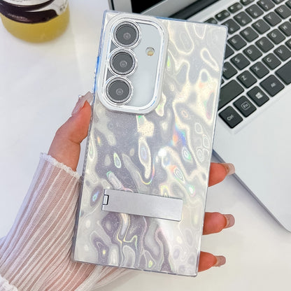 For Samsung Galaxy S25 5G Plating Glitter Texture Fold Holder TPU Phone Case with Lens Film(White Wrinkles) - Galaxy S25 5G Cases by buy2fix | Online Shopping UK | buy2fix