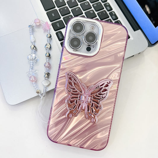 For iPhone 16 Pro Max Plating Glitter Lens Film Texture Butterfly Holder Wristband Phone Case(Pink Water Ripples) - iPhone 16 Pro Max Cases by buy2fix | Online Shopping UK | buy2fix