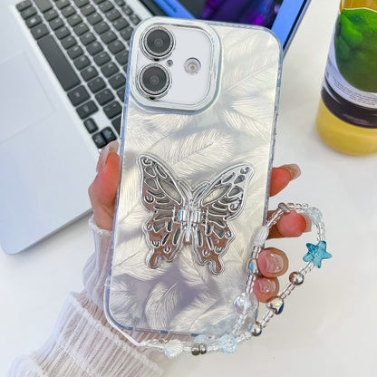 For iPhone 16 Plating Glitter Lens Film Texture Butterfly Holder Wristband Phone Case(White Feathers) - iPhone 16 Cases by buy2fix | Online Shopping UK | buy2fix