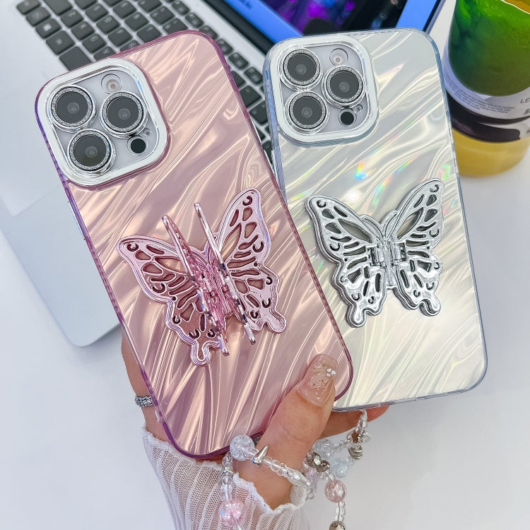 For iPhone 16 Pro Plating Glitter Lens Film Texture Butterfly Holder Wristband Phone Case(White Feather Yarn) - iPhone 16 Pro Cases by buy2fix | Online Shopping UK | buy2fix