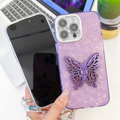 For iPhone 16 Pro Max Plating Glitter Lens Film Texture Butterfly Holder Wristband Phone Case(White Feather Yarn) - iPhone 16 Pro Max Cases by buy2fix | Online Shopping UK | buy2fix