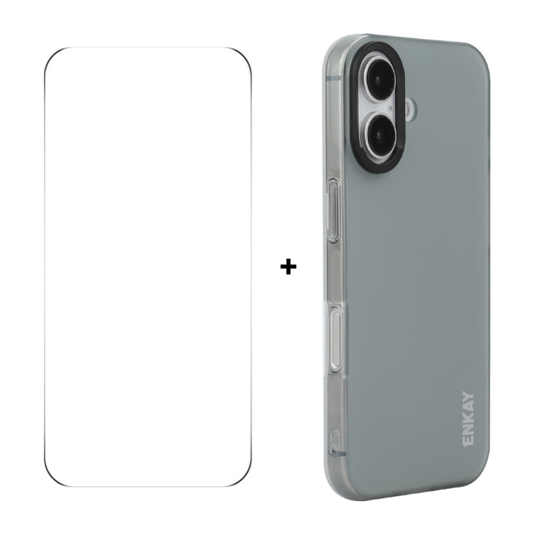 For iPhone 16 Plus ENKAY Hat-Prince Translucent Matte TPU Phone Case + 9H Big Arc Edge Film(Grey) - iPhone 16 Plus Cases by ENKAY | Online Shopping UK | buy2fix