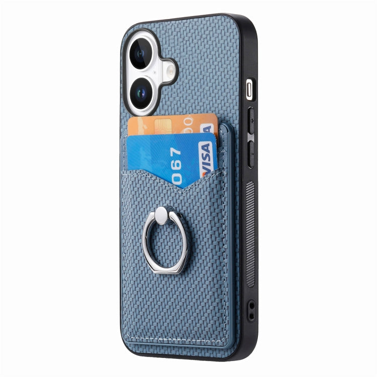 For iPhone 16 Plus Carbon Fiber Card Wallet Ring Phone Case(Blue) - iPhone 16 Plus Cases by buy2fix | Online Shopping UK | buy2fix