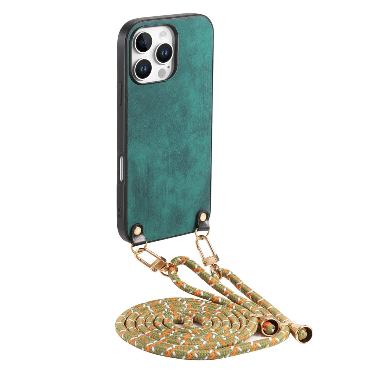 For iPhone 16 Pro Vintage Leather PC Back Cover Phone Case with Crossbody Strap(Green) - iPhone 16 Pro Cases by buy2fix | Online Shopping UK | buy2fix