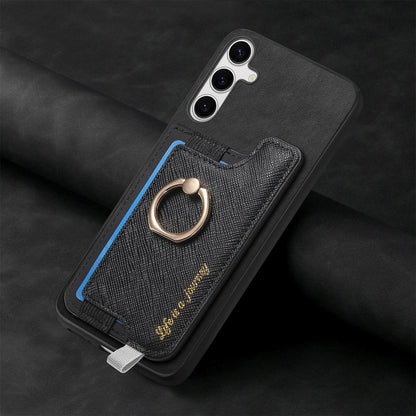 For Samsung Galaxy S25 Ultra 5G Retro Cross Leather Ring Horizontal Insert Card Bag MagSafe Phone Case(Black) - Galaxy S25 Ultra 5G Cases by buy2fix | Online Shopping UK | buy2fix