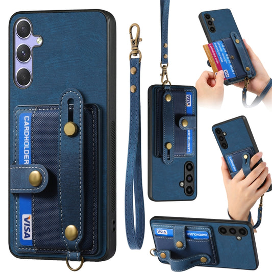 For Samsung Galaxy S25+ 5G Retro Cross Wristband Wallet Leather Back Phone Case(Blue) - Galaxy S25+ 5G Cases by buy2fix | Online Shopping UK | buy2fix