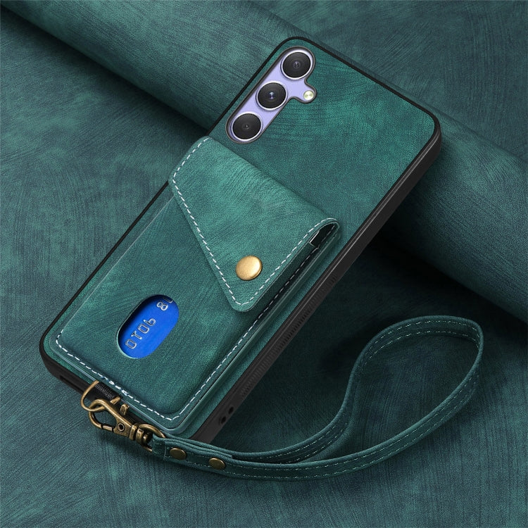 For Samsung Galaxy S25 5G Retro Card Wallet Fold Leather Phone Case with Strap(Green) - Galaxy S25 5G Cases by buy2fix | Online Shopping UK | buy2fix