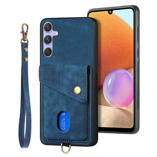 For Samsung Galaxy S25+ 5G Retro Card Wallet Fold Leather Phone Case with Strap(Blue) - Galaxy S25+ 5G Cases by buy2fix | Online Shopping UK | buy2fix