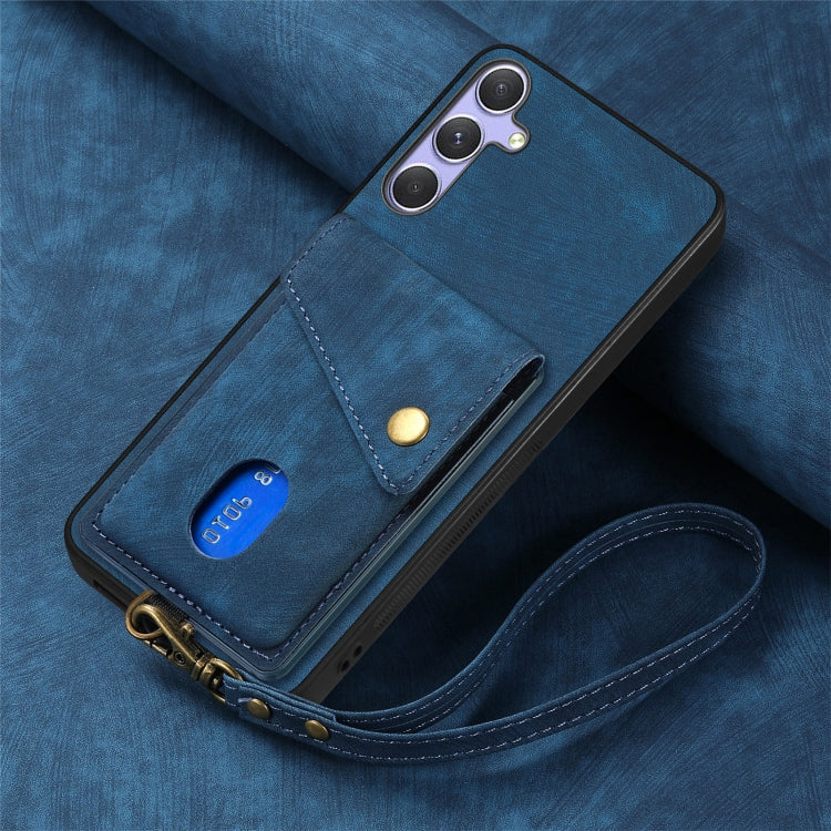 For Samsung Galaxy S25+ 5G Retro Card Wallet Fold Leather Phone Case with Strap(Blue) - Galaxy S25+ 5G Cases by buy2fix | Online Shopping UK | buy2fix