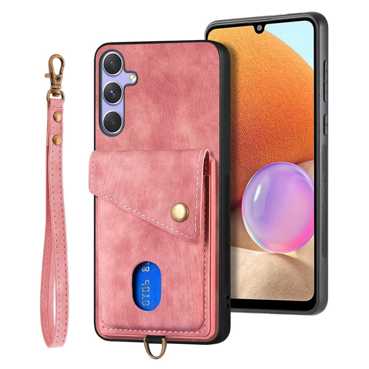 For Samsung Galaxy S25+ 5G Retro Card Wallet Fold Leather Phone Case with Strap(Pink) - Galaxy S25+ 5G Cases by buy2fix | Online Shopping UK | buy2fix