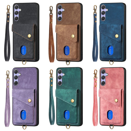 For Samsung Galaxy S25+ 5G Retro Card Wallet Fold Leather Phone Case with Strap(Blue) - Galaxy S25+ 5G Cases by buy2fix | Online Shopping UK | buy2fix