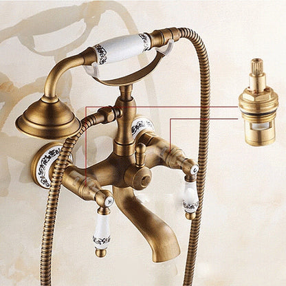 Antique Brass Wall Mounted Bathroom Tub Faucet Dual Ceramics Handles Telephone Style Hand Shower, Specification:Telephone Shower + Fixed Seat - Shower Head by buy2fix | Online Shopping UK | buy2fix