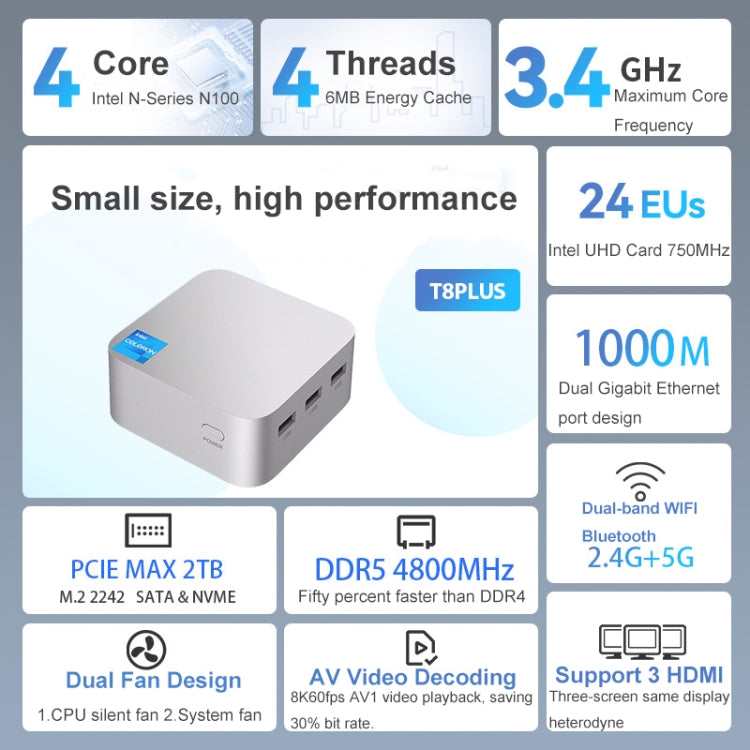 T8Plus Alder Lake-N100 4K Dual Band WIFI Bluetooth Office Game Portable Mini PC, Spec: 8G 512G UK Plug - Windows Mini PCs by buy2fix | Online Shopping UK | buy2fix