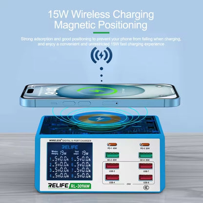 RELIFE RL-309AW  QC3.0 PD Fast Wireless Charger With LCD Display 8 Ports(US Plug) - Multifunction Charger by RELIFE | Online Shopping UK | buy2fix