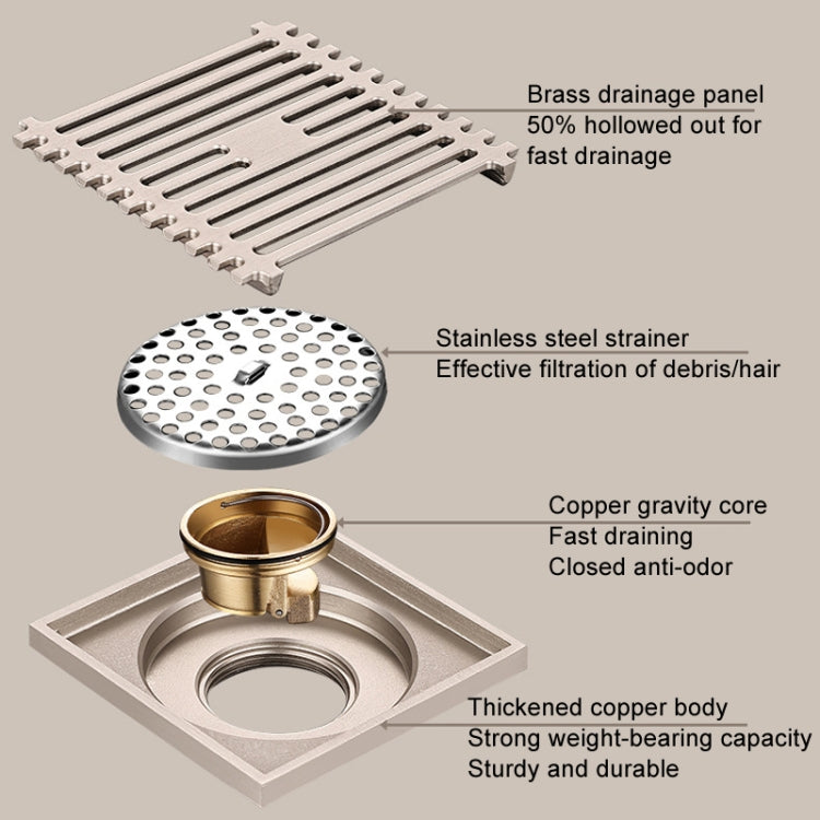 All Copper Brushed Anti-Odor Floor Drain Gravity Copper Core Bathroom Floor Drain, Specification: 8x30cm Long Invisible Medium Drain - Drain Strainers by buy2fix | Online Shopping UK | buy2fix