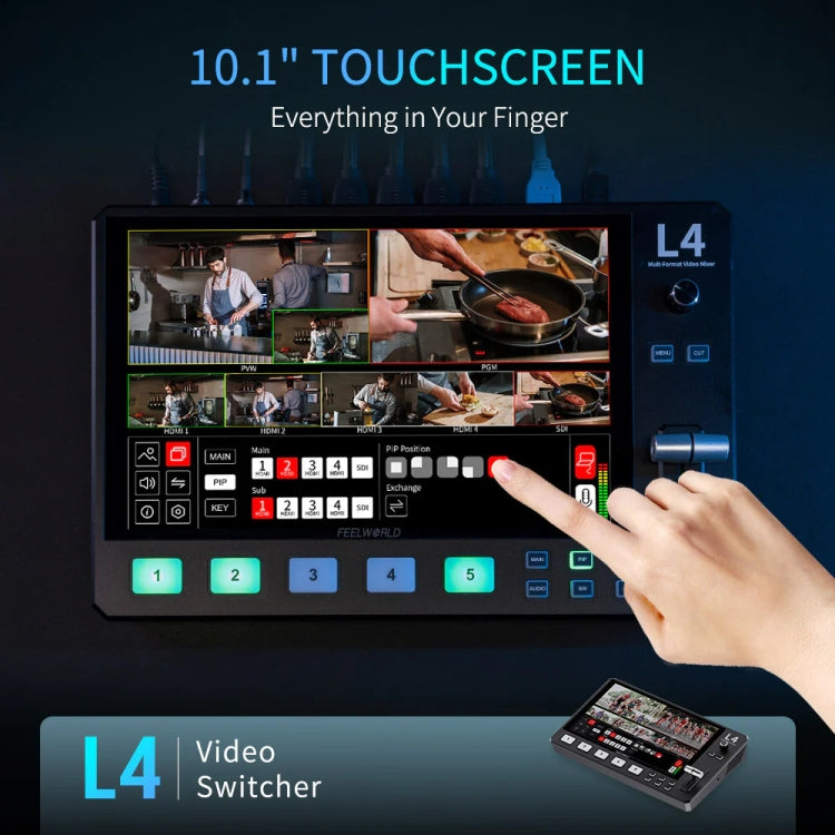 FEELWORLD L4 Multi-Camera Video Mixer Switcher 10.1" Touch Screen USB 3.0 Fast Streaming(UK Plug) - On-camera Monitors by FEELWORLD | Online Shopping UK | buy2fix