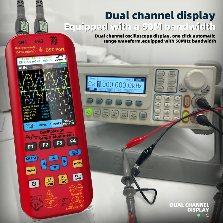 BSIDE O9 Digital Handheld Dual Channel 50MHz Oscilloscope Signal Source Multimeter, Spec: With Dual Oscilloscope Probe (Red) - Digital Multimeter by BSIDE | Online Shopping UK | buy2fix