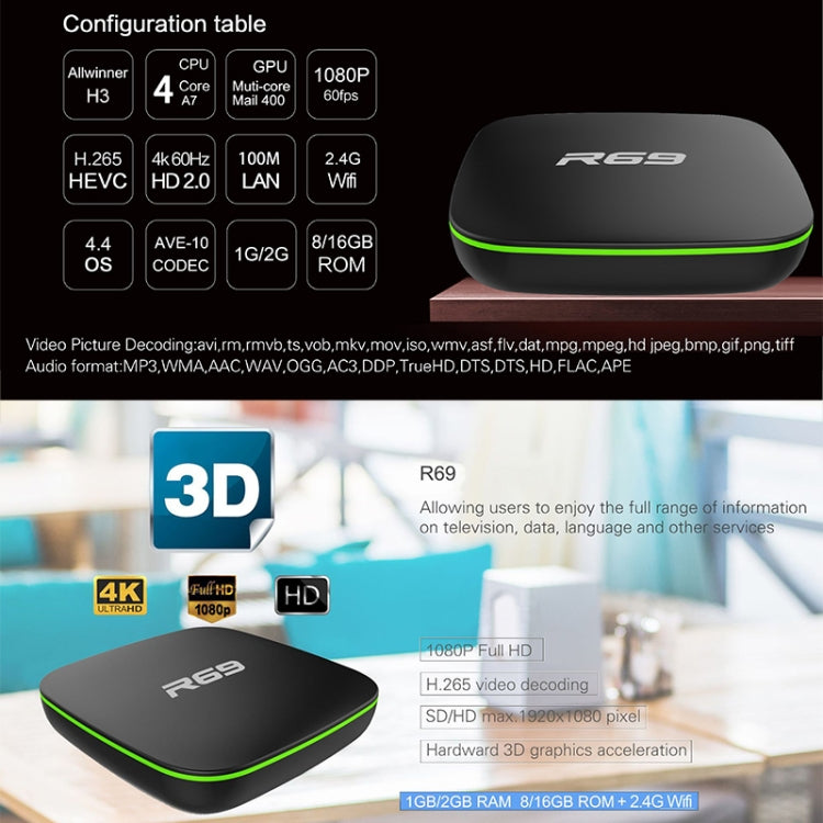 R69 1080P HD Smart TV BOX Android 4.4 Media Player wtih Remote Control, Quad Core Allwinner H3, RAM: 2GB, ROM: 16GB, 2.4G WiFi, LAN, UK Plug - Allwinner H3 by buy2fix | Online Shopping UK | buy2fix