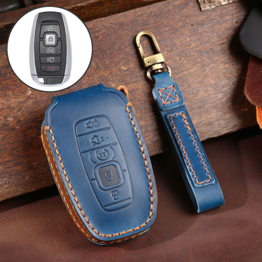 For Lincoln Hallmo Car Cowhide Leather Key Protective Cover Key Case(Blue) - In Car by Hallmo | Online Shopping UK | buy2fix