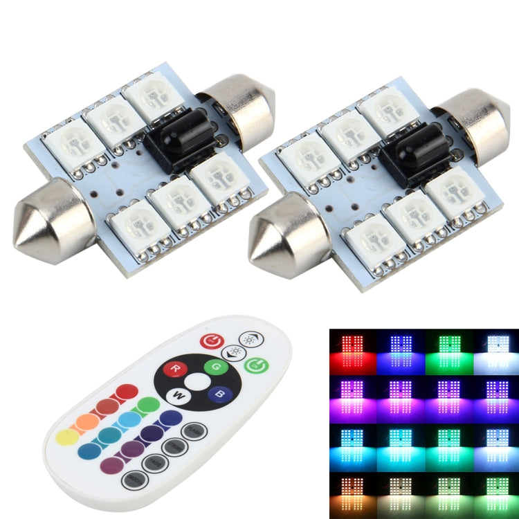 2 PCS Colorful 36MM Bicuspid Remote Control Car Dome Lamp LED Reading Light with 6 LED Lights - Dome Lights by buy2fix | Online Shopping UK | buy2fix