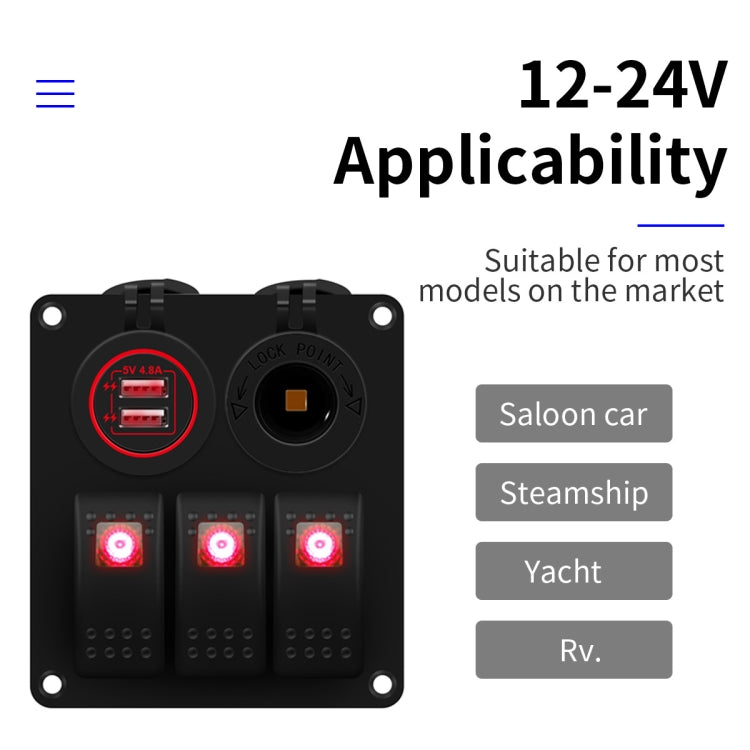 Multi-functional Combination Switch Panel 12V / 24V 3 Way Switches + Dual USB Charger for Car RV Marine Boat (Red Light) - In Car by buy2fix | Online Shopping UK | buy2fix