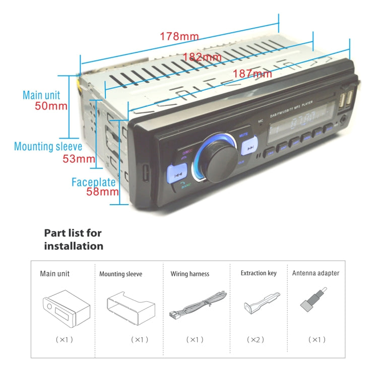 1-Din Car DAB Radio Player Stereo System FM Receiver, Support Bluetooth & U Disk & MP3 & TF Card -  by buy2fix | Online Shopping UK | buy2fix