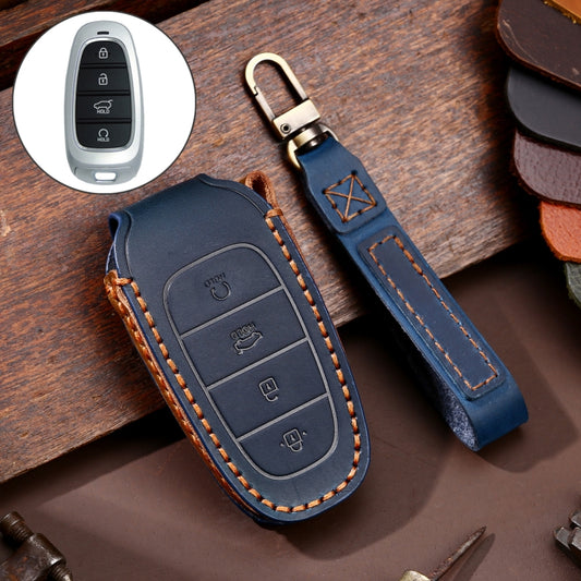 Hallmo Car Cowhide Leather Key Protective Cover Key Case for Hyundai 4-button Start(Blue) - Car Key Cases by Hallmo | Online Shopping UK | buy2fix