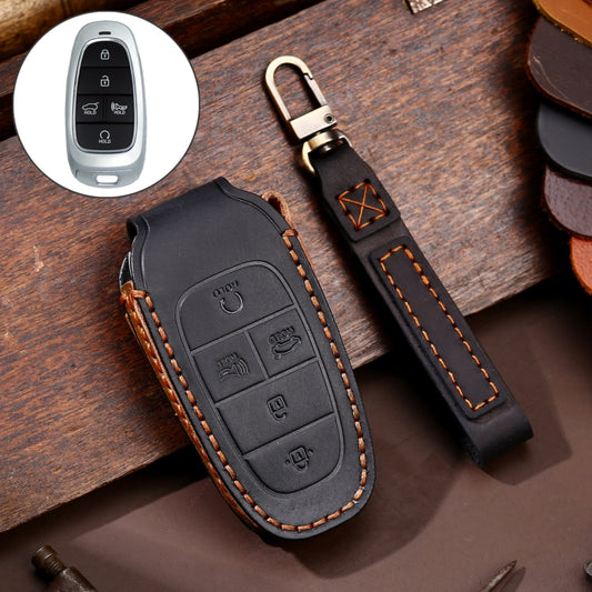 Hallmo Car Cowhide Leather Key Protective Cover Key Case for Hyundai 5-button(Black) - Car Key Cases by Hallmo | Online Shopping UK | buy2fix