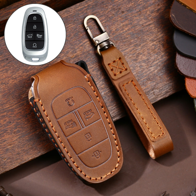 Hallmo Car Cowhide Leather Key Protective Cover Key Case for Hyundai 5-button(Brown) - Car Key Cases by Hallmo | Online Shopping UK | buy2fix