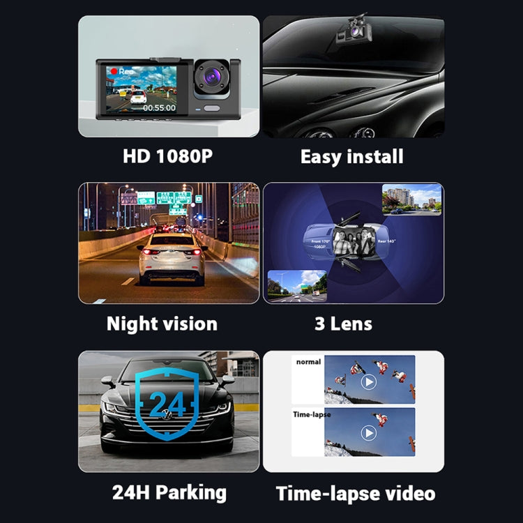 A1 3-lens Video HD Night Vision Car Driving Recorder -  by buy2fix | Online Shopping UK | buy2fix