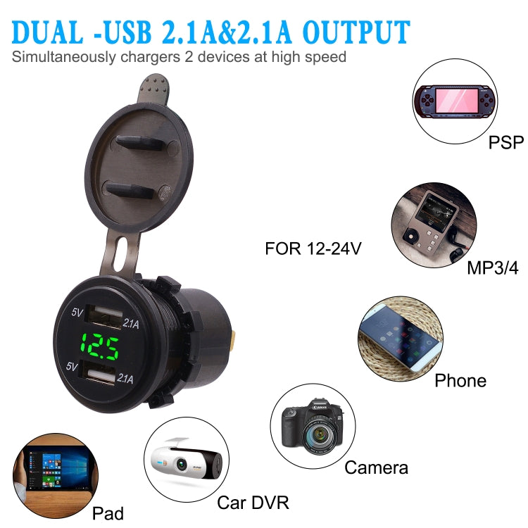 Universal Car Dual Port USB Charger Power Outlet Adapter 4.2A 5V IP66 with LED Digital Voltmeter + 60cm Cable(Green Light) - In Car by buy2fix | Online Shopping UK | buy2fix