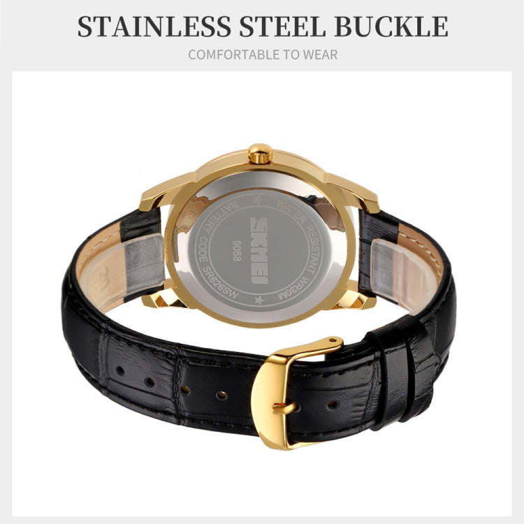 SKMEI 9058 Multifunctional Outdoor Fashion Waterproof Gold Shell Quartz Wrist Watch(Men Style Black Face Black Strap) - Leather Strap Watches by SKMEI | Online Shopping UK | buy2fix