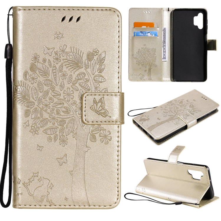 For Samsung Galaxy A32 5G Tree & Cat Pattern Pressed Printing Horizontal Flip PU Leather Case with Holder & Card Slots & Wallet & Lanyard(Gold) - Galaxy Phone Cases by imak | Online Shopping UK | buy2fix