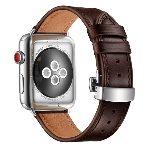 Genuine Leather + Butterfly Silver Buckle Watch Band For Apple Watch Series 7 45mm / 6 & SE & 5 & 4 44mm / 3 & 2 & 1 42mm(Dark Brown) - Watch Bands by buy2fix | Online Shopping UK | buy2fix