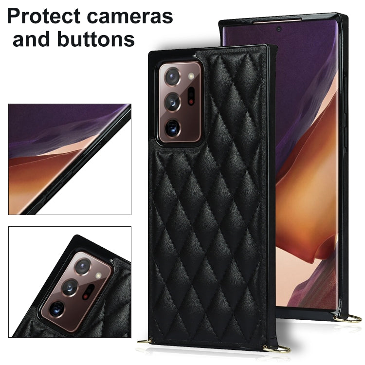 For Samsung Galaxy Note20 Ultra Elegant Rhombic Pattern Microfiber Leather +TPU Shockproof Case with Crossbody Strap Chain(Black) - Samsung Accessories by buy2fix | Online Shopping UK | buy2fix