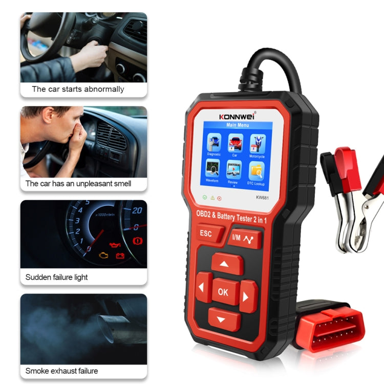 KONNWEI KW681 Car 2.4 inch TFT Screen OBD Fault Diagnosis + 6V-12V Battery Tester Support 9 Languages - In Car by KONNWEI | Online Shopping UK | buy2fix