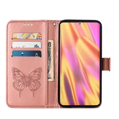 For Samsung Galaxy S22 Ultra 5G Embossed Butterfly Leather Phone Case with Holder & Card Slot & Wallet & Lanyard(Rose Gold) - Samsung Accessories by buy2fix | Online Shopping UK | buy2fix