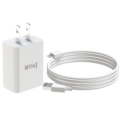 IVON AD-33 2 in 1 2.1A Single USB Port Travel Charger + 1m USB to 8 Pin Data Cable Set, US Plug(White) - USB Charger by IVON | Online Shopping UK | buy2fix