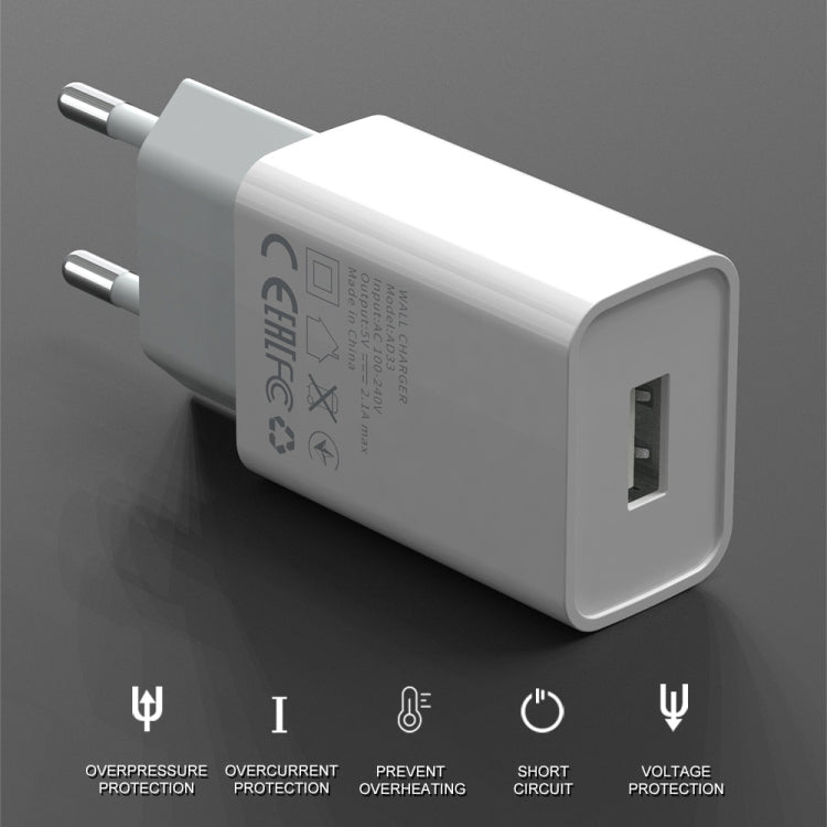 IVON AD-33 2 in 1 2.1A Single USB Port Travel Charger + 1m USB to 8 Pin Data Cable Set, US Plug(White) - Apple Accessories by IVON | Online Shopping UK | buy2fix