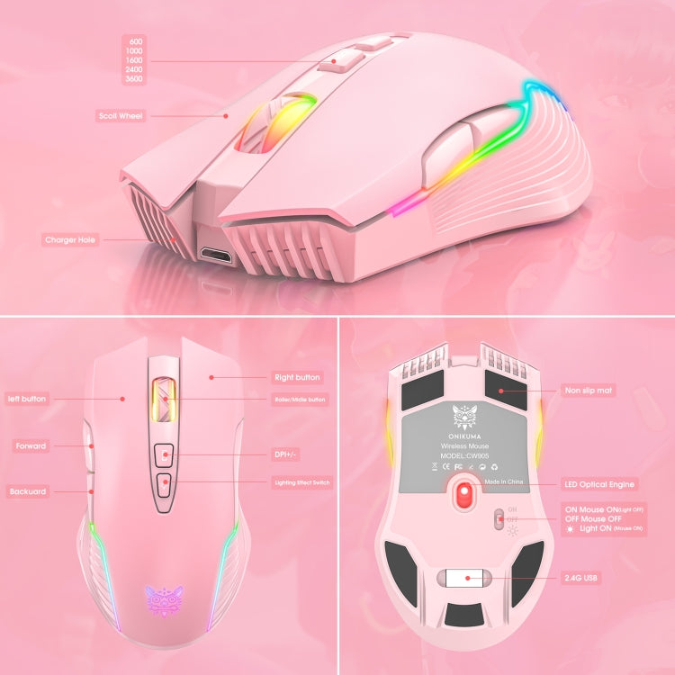 ONIKUMA CW905 2.4G RGB Lighting Wireless Mouse(Pink) - Wireless Mice by ONIKUMA | Online Shopping UK | buy2fix