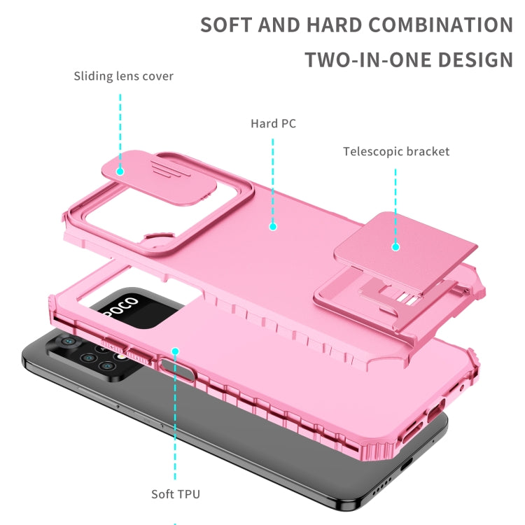 For Xiaomi Poco M4 Pro 4G Stereoscopic Holder Sliding Camshield Phone Case(Pink) - Xiaomi Cases by buy2fix | Online Shopping UK | buy2fix