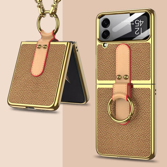 For Samsung Galaxy Z Flip4 GKK Plating + Leather Phone Case with Ring & Strap(Gold) - Galaxy Z Flip4 5G Cases by GKK | Online Shopping UK | buy2fix
