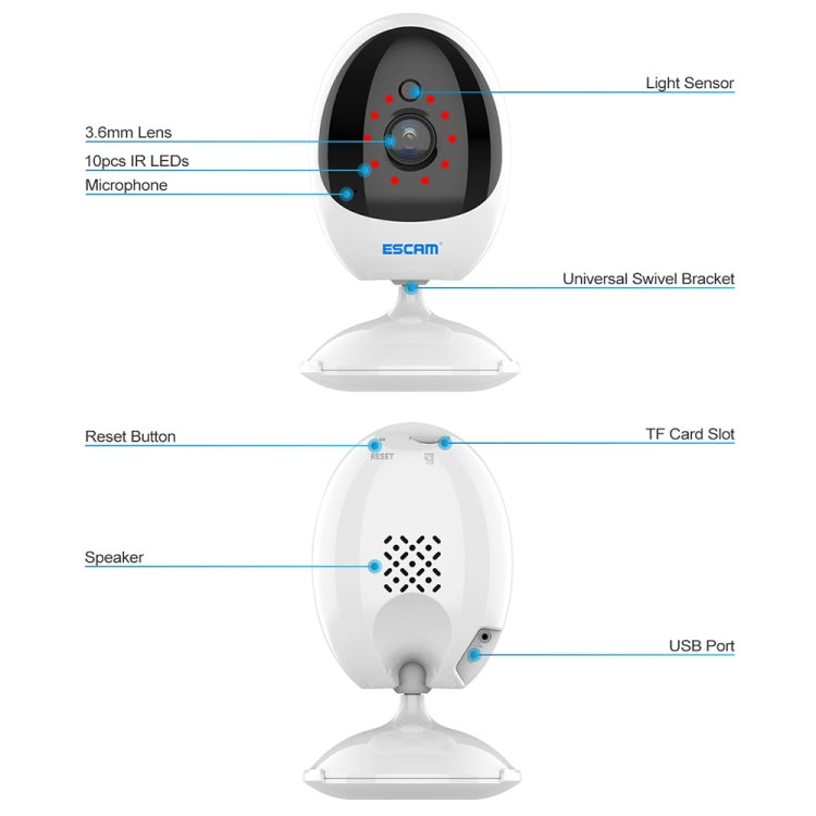 ESCAM QF006 3MP 1296P HD Indoor Wireless PTZ IP Camera IR Night Vision AI Humanoid Detection Home Security CCTV Monitor, Plug Type:AU Plug(White) - Mini Camera by ESCAM | Online Shopping UK | buy2fix