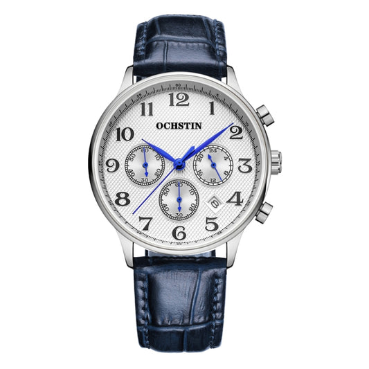 Ochstin 6050E Multifunctional Quartz Men Leather Watch(Silver+Blue) - Leather Strap Watches by OCHSTIN | Online Shopping UK | buy2fix