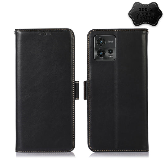 For Motorola Moto G72 Magnetic Crazy Horse Texture Genuine Leather RFID Phone Case(Black) - Motorola Cases by buy2fix | Online Shopping UK | buy2fix