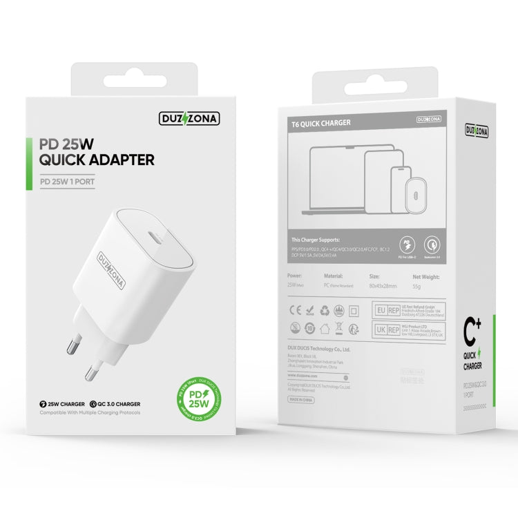 DUZZONA T6 PD 25W USB-C/Type-C Single Port Travel Charger,EU Plug(White) - USB Charger by DUZZONA | Online Shopping UK | buy2fix